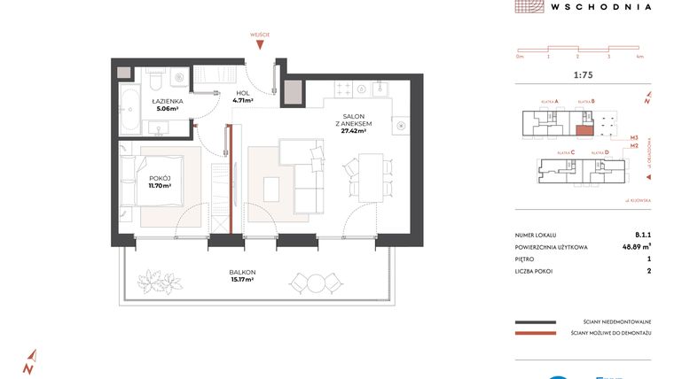 Rzut - Mieszkanie na sprzedaż 2 pokoje o powierzchni 48,89 m² - numer B.1.1 w Drucianka Wschodnia