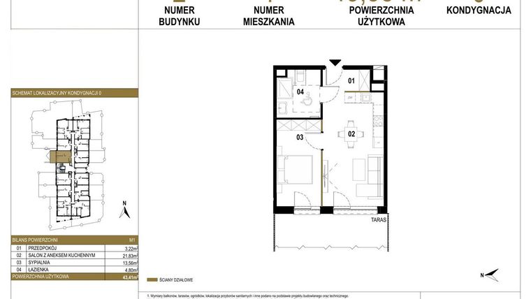 Rzut - Mieszkanie na sprzedaż 2 pokoje o powierzchni 43,38 m² - numer 2.M1 w Osiedle Saturna