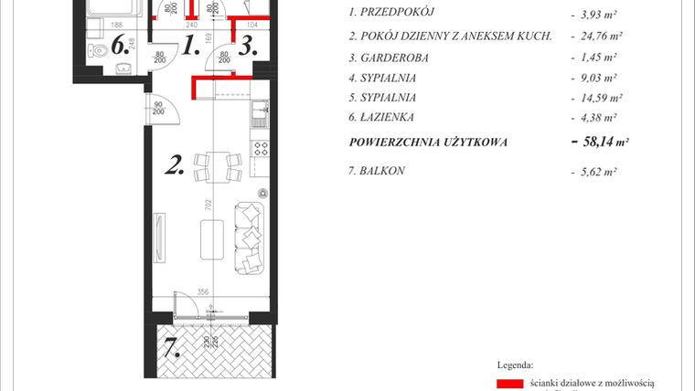 Rzut - Mieszkanie na sprzedaż 3 pokoje o powierzchni 58,14 m² - numer 21 w Enklawa Milanówek
