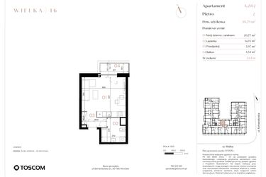 Rzut - Mieszkanie na sprzedaż 1 pokój o powierzchni 30,79 m² - numer A/2/02 w Wielka 16