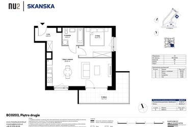 Rzut - Mieszkanie na sprzedaż 2 pokoje o powierzchni 46,44 m² - numer BC0203 w NU2 Warszawa Wola