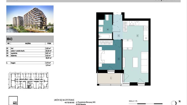 Rzut - Mieszkanie na sprzedaż 2 pokoje o powierzchni 39,92 m² - numer E43 w Panorama Kwiatkowskiego