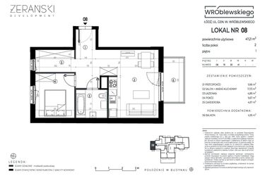 Rzut - Mieszkanie na sprzedaż 2 pokoje o powierzchni 47,21 m² - numer A08 w Wróblewskiego
