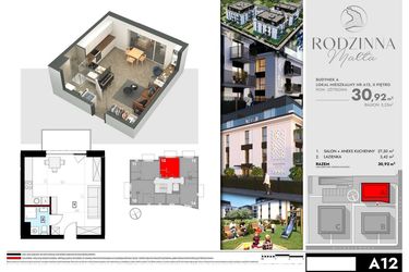 Rzut - Mieszkanie na sprzedaż 1 pokój o powierzchni 30,92 m² - numer A12 w Rodzinna Malta