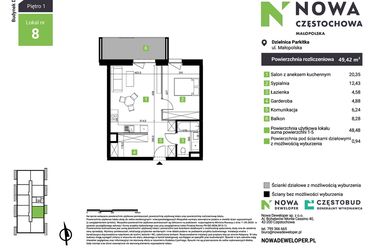 Rzut - Mieszkanie na sprzedaż 2 pokoje o powierzchni 49,42 m² - numer D8 w Nowa Częstochowa Małopolska etap II