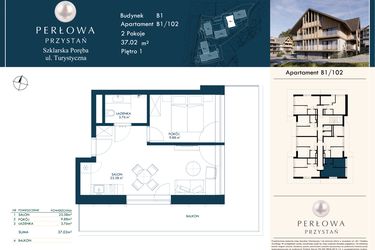 Rzut - Mieszkanie na sprzedaż 2 pokoje o powierzchni 37,02 m² - numer B1/102 w Perłowa Przystań - Szklarska Poręba