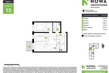 Rzut - Mieszkanie na sprzedaż 3 pokoje o powierzchni 60,84 m² - numer M15 w Nowa Częstochowa Mościckiego