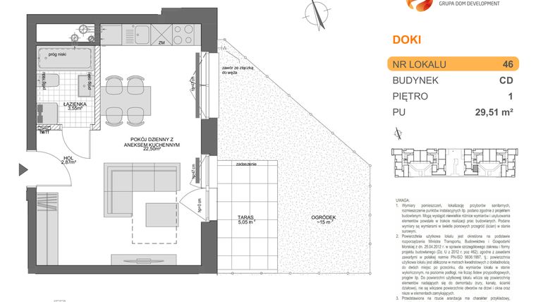Rzut - Mieszkanie na sprzedaż 1 pokój o powierzchni 29,51 m² - numer CD.46 w DOKI Living