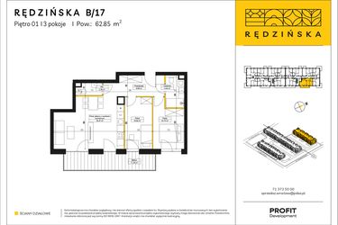 Rzut - Mieszkanie na sprzedaż 3 pokoje o powierzchni 62,85 m² - numer RD4A/B/17 w Rędzińska 4