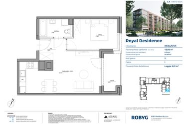 Rzut - Mieszkanie na sprzedaż 2 pokoje o powierzchni 43,66 m² - numer RR/6A/D/1/5 w Royal Residence 6A