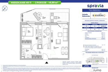 Rzut - Mieszkanie na sprzedaż 2 pokoje o powierzchni 46,89 m² - numer B1.11 w Osiedle Bokserska 2