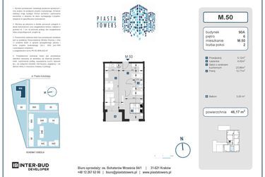 Rzut - Mieszkanie na sprzedaż 2 pokoje o powierzchni 46,17 m² - numer 50 w Piasta Towers bud. 90A