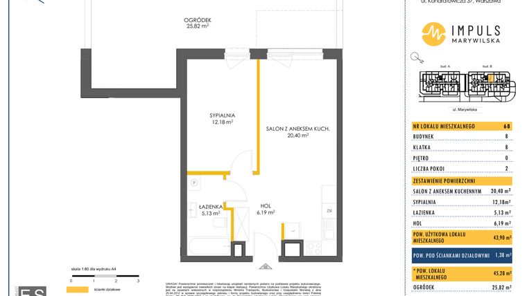 Rzut - Mieszkanie na sprzedaż 2 pokoje o powierzchni 44,28 m² - numer B/68 w Impuls Marywilska