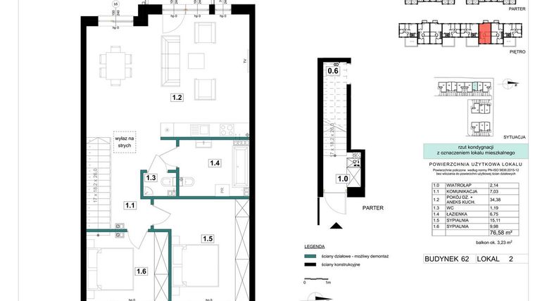 Rzut - Mieszkanie na sprzedaż 3 pokoje o powierzchni 76,58 m² - numer 62-2 w Błonie Bosco