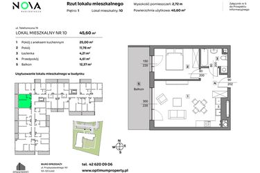 Rzut - Mieszkanie na sprzedaż 2 pokoje o powierzchni 45,6 m² - numer 10 w Nova Radiostacja