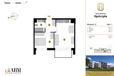 Rzut - Mieszkanie na sprzedaż 2 pokoje o powierzchni 37,16 m² - numer M13 w Apartamenty Opolczyka