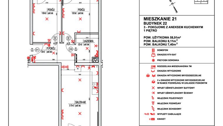Rzut - Mieszkanie na sprzedaż 3 pokoje o powierzchni 58,91 m² - numer 21 w Osiedle 4 Pory Roku - Etap VIII