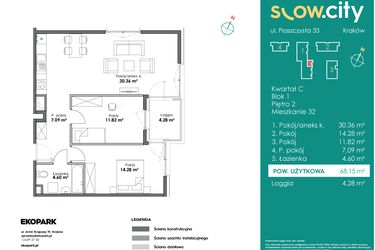 Rzut - Mieszkanie na sprzedaż 3 pokoje o powierzchni 68,15 m² - numer C1-32 w Slow City