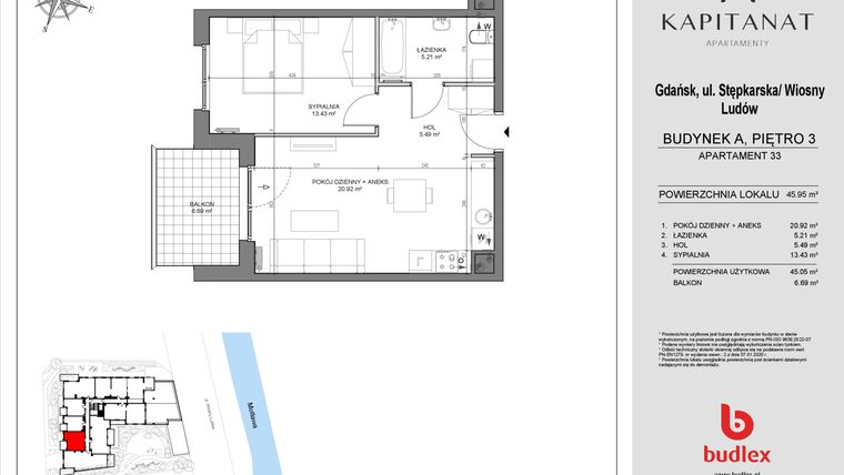 Rzut - Mieszkanie na sprzedaż 2 pokoje o powierzchni 45,05 m² - numer A33 w Kapitanat A