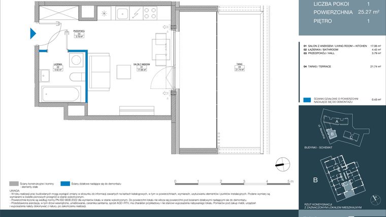 Rzut - Mieszkanie na sprzedaż 1 pokój o powierzchni 25,27 m² - numer B.1.2.3 w Meri Apartamenty