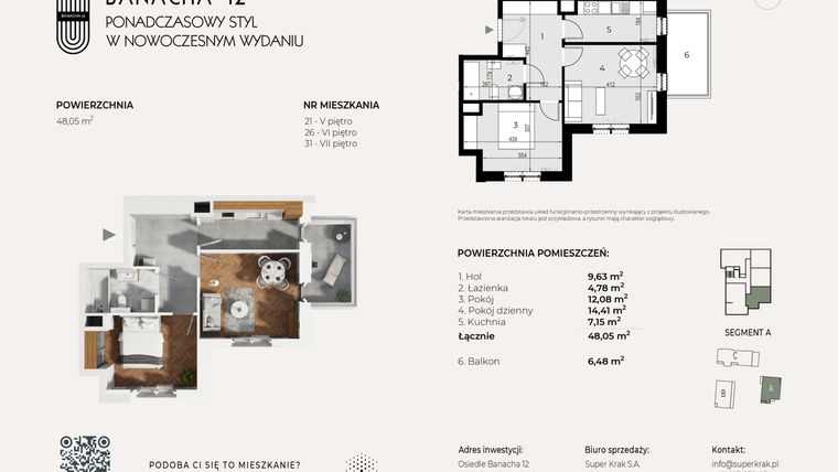Rzut - Mieszkanie na sprzedaż 2 pokoje o powierzchni 48,05 m² - numer 21 w Banacha 12