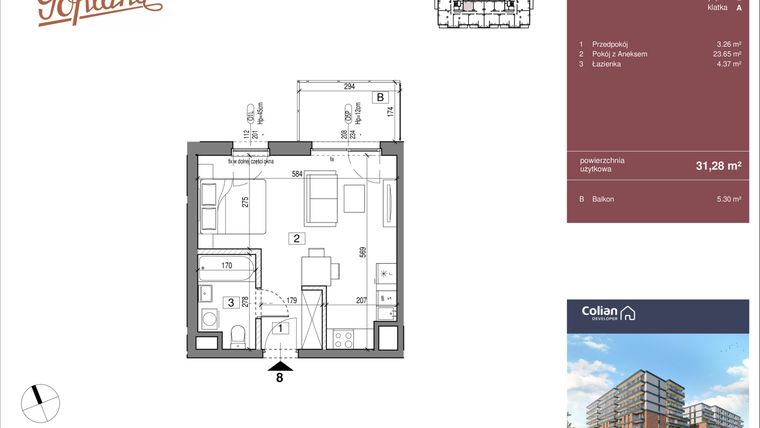 Rzut - Mieszkanie na sprzedaż 1 pokój o powierzchni 31,28 m² - numer G2/8 w Goplana budynek G