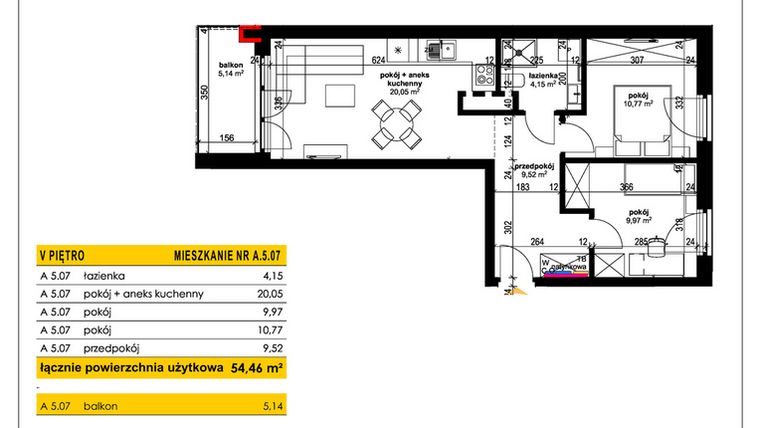 Rzut - Mieszkanie na sprzedaż 3 pokoje o powierzchni 54,46 m² - numer A 5.07 w Park Moniuszki II C