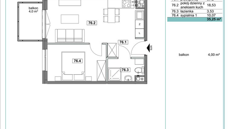 Rzut - Mieszkanie na sprzedaż 2 pokoje o powierzchni 35,27 m² - numer D.76 w Osiedle Kościuszki etap II