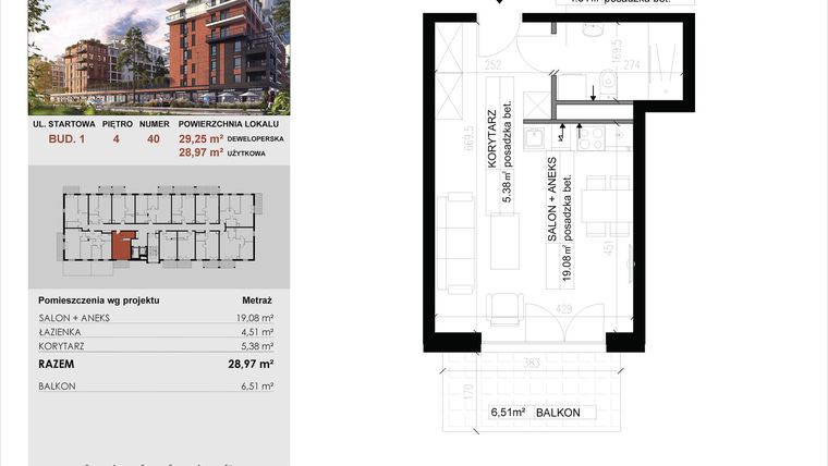 Rzut - Mieszkanie na sprzedaż 1 pokój o powierzchni 28,97 m² - numer 40 w M|City