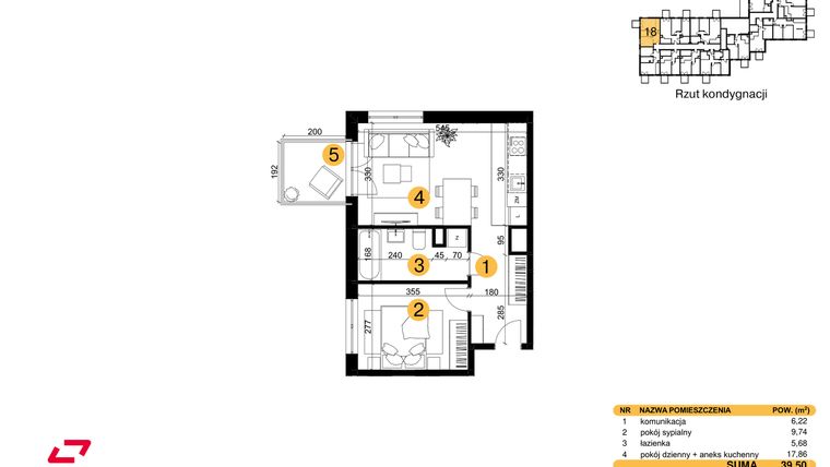 Rzut - Mieszkanie na sprzedaż 2 pokoje o powierzchni 39,5 m² - numer M18 w Punkt Wola