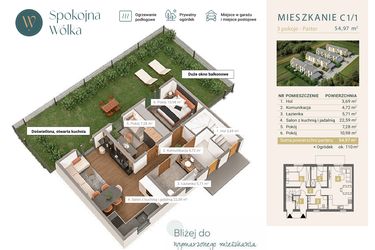 Rzut - Mieszkanie na sprzedaż 3 pokoje o powierzchni 54,97 m² - numer C1/1 w Spokojna Wólka etap IV