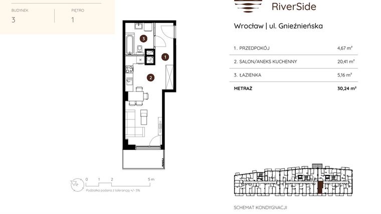 Rzut - Mieszkanie na sprzedaż 1 pokój o powierzchni 30,24 m² - numer 3.A.1.08 w Murapol RiverSide