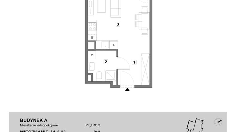 Rzut - Mieszkanie na sprzedaż 1 pokój o powierzchni 31,64 m² - numer A1.3.26 w ATAL Grabiszyn