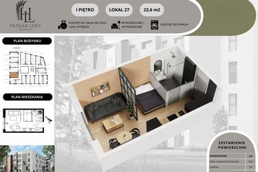 Rzut - Mieszkanie na sprzedaż 1 pokój o powierzchni 23,6 m² - numer 27 w Hussar Loft - Apartamenty inwestycyjne