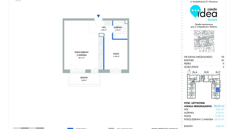 Rzut - Mieszkanie na sprzedaż 2 pokoje o powierzchni 49,4 m² - numer 58.4A w Osiedle Idea Aurora