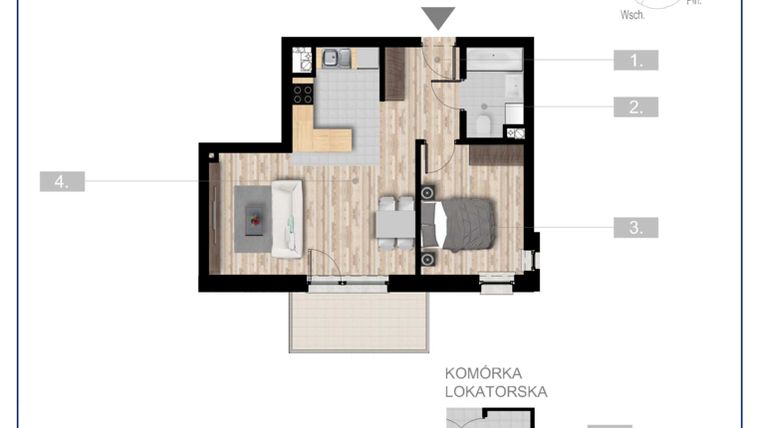 Rzut - Mieszkanie na sprzedaż 2 pokoje o powierzchni 46,27 m² - numer 57 w Szczytno Dąbrowskiego - etap 2