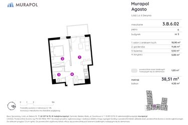 Rzut - Mieszkanie na sprzedaż 1 pokój o powierzchni 38,51 m² - numer 3.B.6.02 w Murapol Agosto