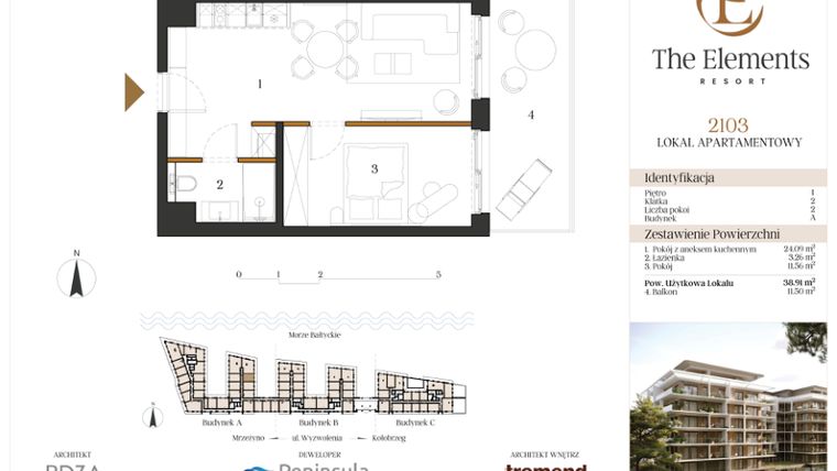 Rzut - Mieszkanie na sprzedaż 2 pokoje o powierzchni 38,91 m² - numer 2103 w The Elements Resort