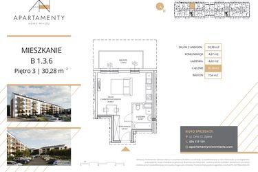 Rzut - Mieszkanie na sprzedaż 1 pokój o powierzchni 30,28 m² - numer B1.3.6 w Apartamenty Nowe Miasto