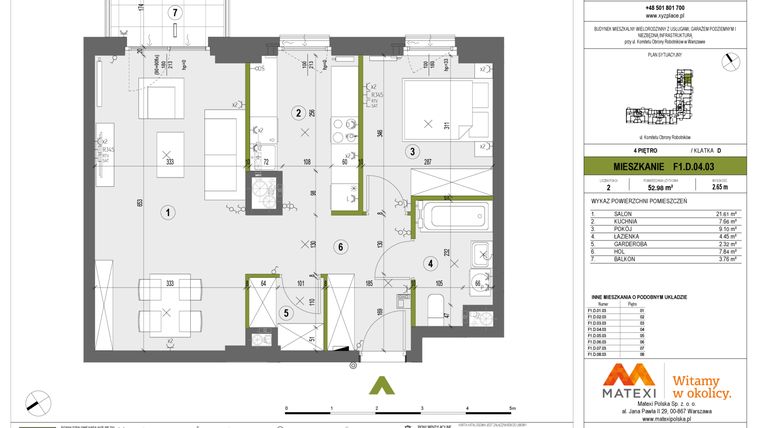 Rzut - Mieszkanie na sprzedaż 2 pokoje o powierzchni 52,98 m² - numer F1.D.04.03 w XYZ Place