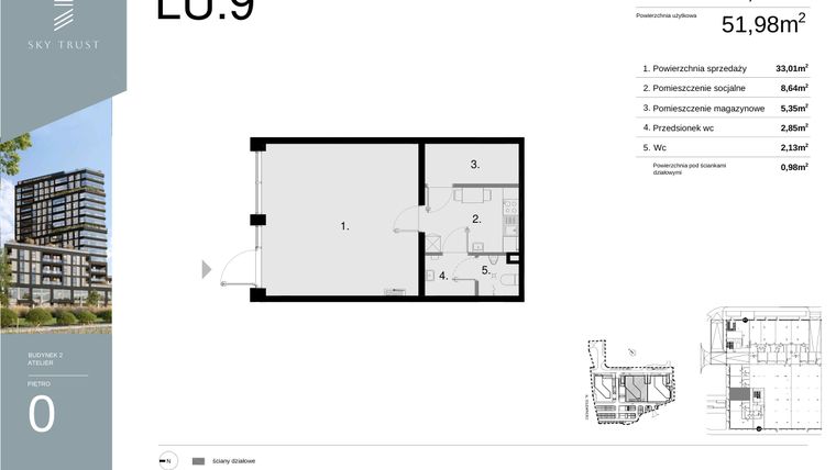 Rzut - Lokal użytkowy na sprzedaż 1 pokój o powierzchni 52,96 m² - numer LU9 w Sky Trust etap II