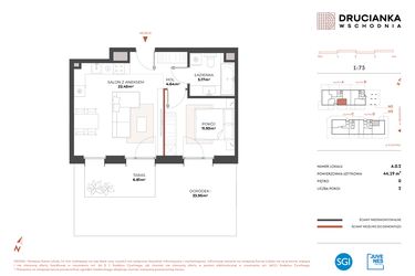 Rzut - Mieszkanie na sprzedaż 2 pokoje o powierzchni 44,19 m² - numer A.0.2 w Drucianka Wschodnia