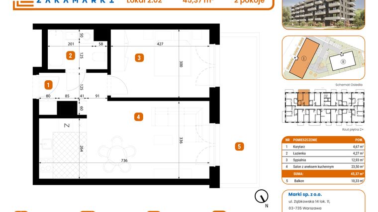 Rzut - Mieszkanie na sprzedaż 2 pokoje o powierzchni 45,37 m² - numer B1/2/02 w Zakamarki