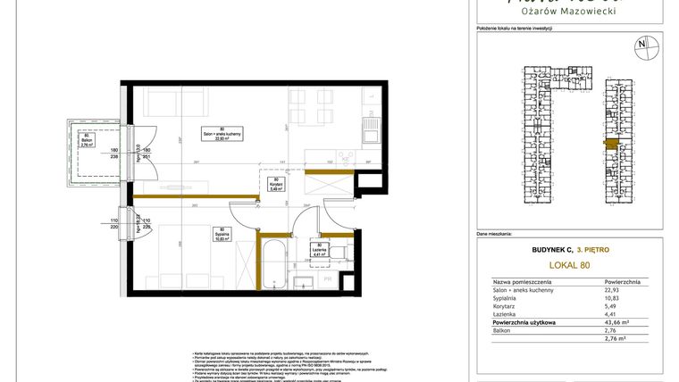 Rzut - Mieszkanie na sprzedaż 2 pokoje o powierzchni 44,16 m² - numer 80 w Aura Nova etap II