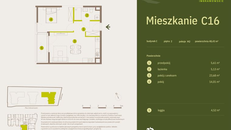 Rzut - Mieszkanie na sprzedaż 2 pokoje o powierzchni 48,43 m² - numer C16 w Osiedle Imbramowskie