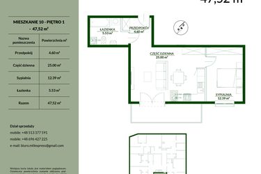 Rzut - Mieszkanie na sprzedaż 2 pokoje o powierzchni 47,52 m² - numer 10 w Bukowa etap II