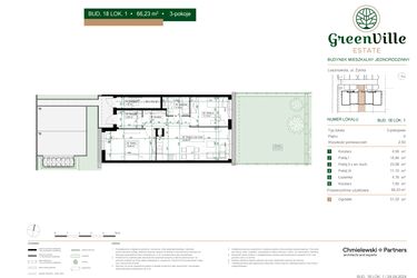 Rzut - Mieszkanie na sprzedaż 3 pokoje o powierzchni 66,23 m² - numer 18.1 w Green Ville