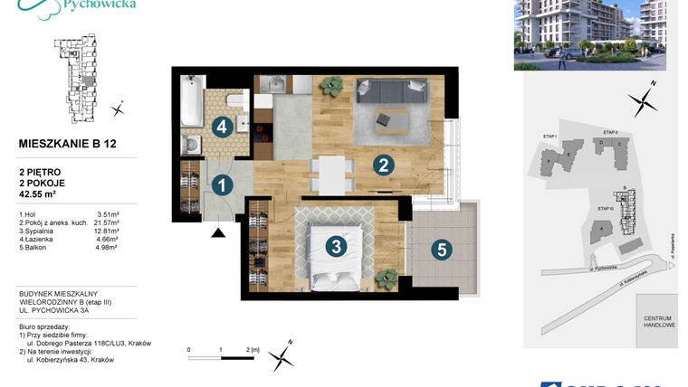 Rzut - Mieszkanie na sprzedaż 2 pokoje o powierzchni 42,55 m² - numer B12 w Kapelanka-Pychowicka Etap III