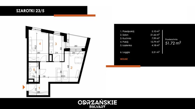 Rzut - Mieszkanie na sprzedaż 2 pokoje o powierzchni 51,72 m² - numer 23/5 w Odrzańskie Bulvary