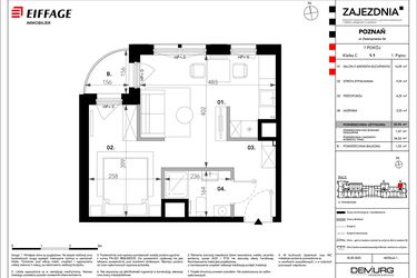Rzut - Mieszkanie na sprzedaż 1 pokój o powierzchni 32,96 m² - numer B.C.1.1 w Zajezdnia